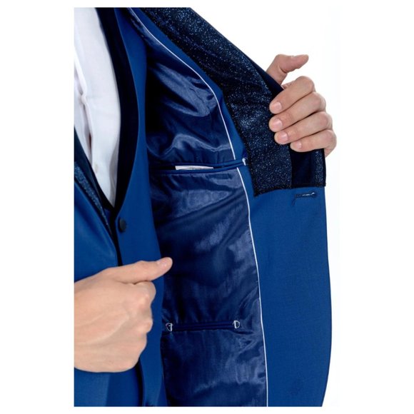 Derman Royal Blue Silvery Detailed Collar Tuxedo 3 Piece Set - Picture 6 of 6